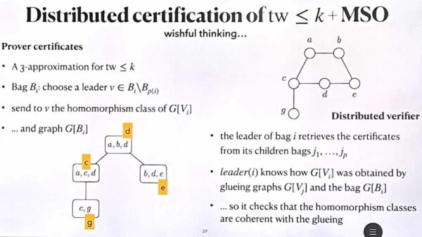 Pedro Montealegre gave an online talk on a proof labeling scheme certifying that the graph has tree-width at most k and satisfies a monadic second-order property with certificates of small size at each vertex at the Virtual Discrete Math Colloquium