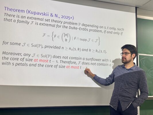 Fedor Noskov gave a talk on hypergraph Turán-type problems and their connection to extremal set theory problems at the Discrete Math Seminar